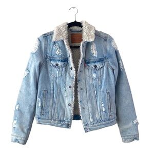 Levi’s Premium Denim Sherpa Fur Lined Distressed Jean Trucker Jacket sz XS